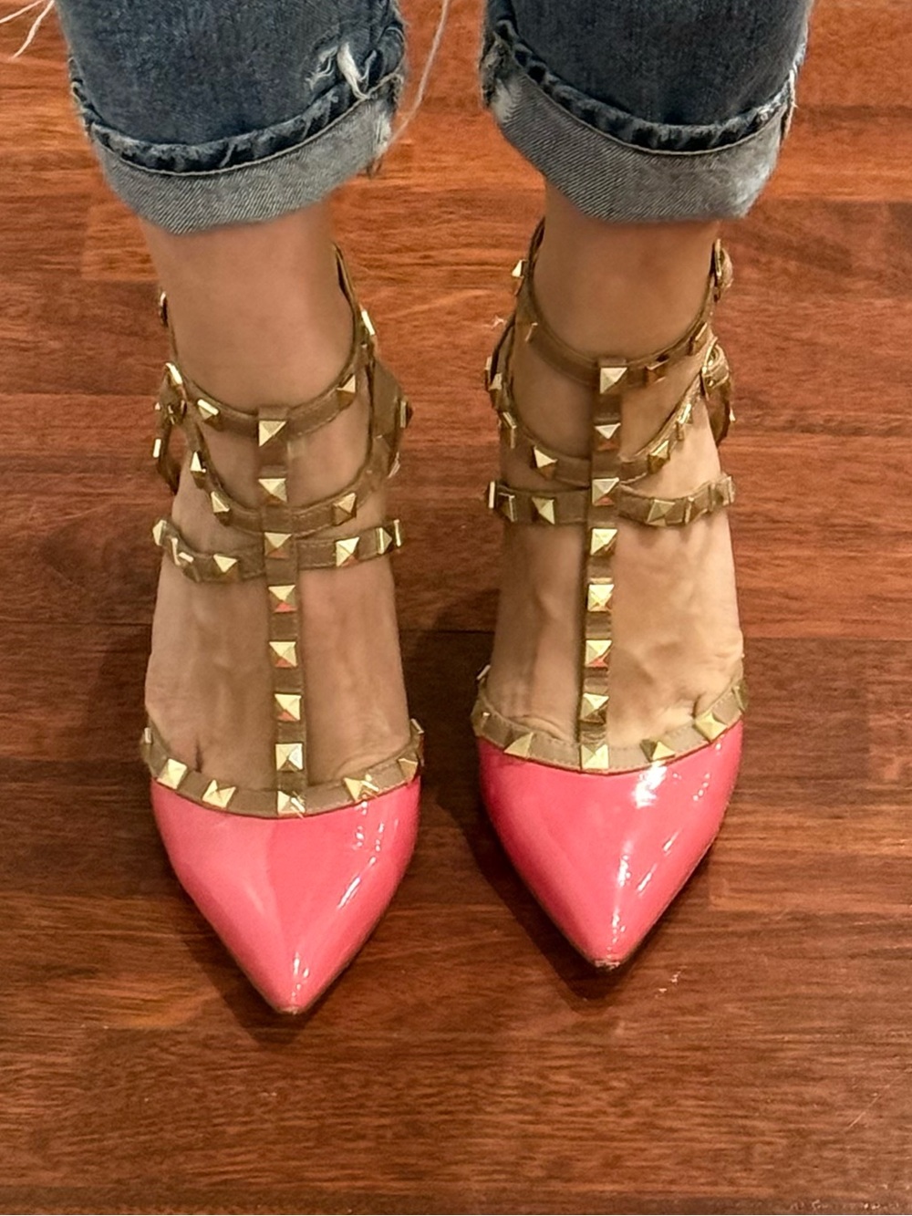 BCBGeneration Pink Patent Studded T‑Strap Heels